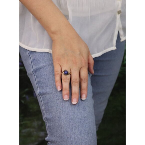 10k Yellow Gold Lab Created Blue Star Sapphire Ring Size 7 - Picture 4 of 8